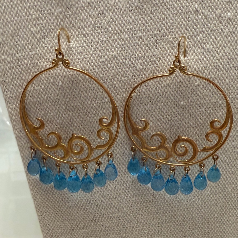 Blue Topaz Chandelier Earrings | Elegant Gold-Tone Artisan Design